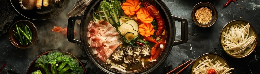 Overhead shot of a Japanese hot pot meal with assorted vegetables and thinly sliced meat, steam rising, and chopsticks ready to serve in a cozy, home dining setting