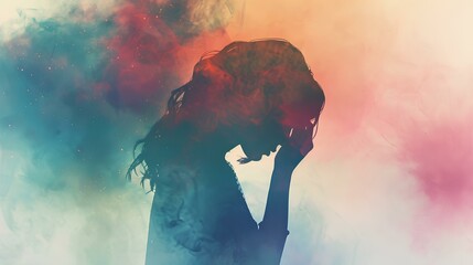 A silhouette photo of a stressed woman overlaid with delicate watercolor strokes, symbolizing the complexities of mental health struggles, in HD clarity.