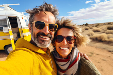 Smiling middle-aged couple taking a selfie in the desert, standing beside their vintage camper van, wearing sunglasses and casual clothes, enjoying a sunny adventure