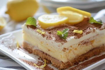 layerd lemon tiramisu no-bake summer dessert topping with lemon slice