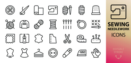 Knitting, sewing and needlework icons set. Set of button, needle, sewing machine, thread spool, thimble, embroidery hoop, cross stitch, zipper, safety pin, crochet, pincushion, sewing mannequin vector