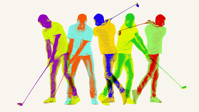 Multiple movements. Man playing golf against light background. Contemporary art collage. Concept of sport, hobby, leisure activity. Colorful creative design. Risoprint style