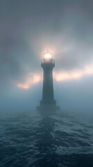 Fototapeta premium Lighthouse Beam Cutting Through Twilight Fog in Mystical Maritime Setting 