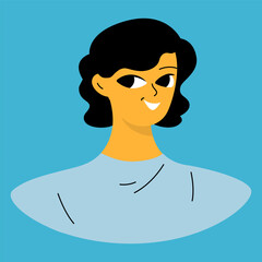 Positive emotions concept. Cartoon cute girlish face. Woman with happy smile. Isolated vector character.