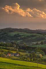 Rural picturesque landscape in Lesser Poland near Ciezkowice at sunset