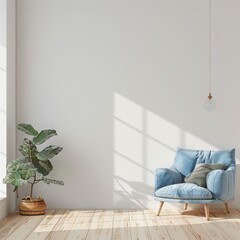 Warm toned living room interior wall mockup with a blue armchair and a background of a white wall. Generative AI