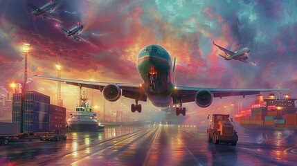 A dynamic 3D scene illustrating the fastpaced world of logistics with cartoonstyle planes