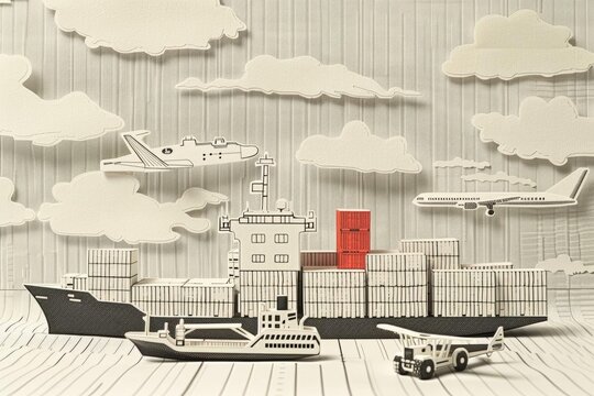 3D illustration depicting a logistic network with a cargo ship