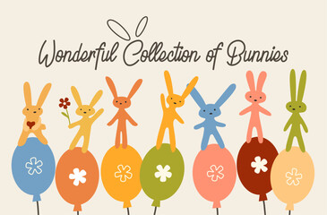Collection of cartoon rabbits in vector, flat style.