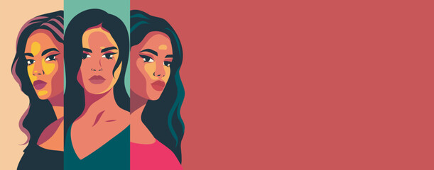 Vector banner for Women's Day with place for text. Strong women from different cultures stand side by side. Feminism concept, gender equality, protection of rights and freedoms, women's rights