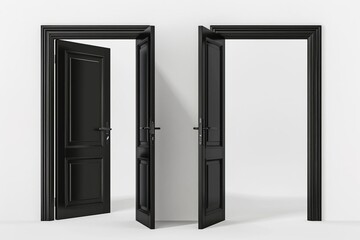 realistic 3d black wooden door frame open and closed with handle and lock welcome home design