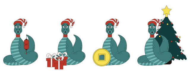 Set vector Chinese 2025 Zodiac Snake in trendy Flat style isolated transparent. Fun collection of Chinese 2025 New Year Luna symbol. Vector  for web postcard, banner, poster design. Editable stroke.