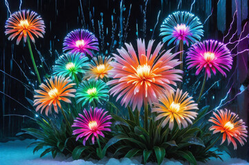 Colorful neon explosions turn into flowers.