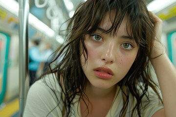 Obraz premium Woman With Wet Hair Sitting on a Train