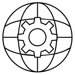 A black and white vector image of a globe adorned with a gear, symbolizing global industry, technological advancement, and interconnected systems, on a white background