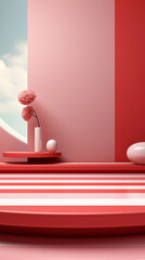 Red and white minimal wall scene mockup products, Banner promotion. 3D abstract vector empty room