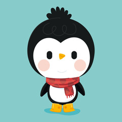 Illustration d'un mignon petit pingouin noir et blanc avec une écharpe rouge et des bottes jaunes en plein hiver, personnage de dessin animé pour enfants, mascotte de club de sports d'hiver