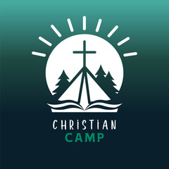 Christian camp, sunrise logo. Creative sign for a youth camp, travel in the forest or mountains. Vector illustration
