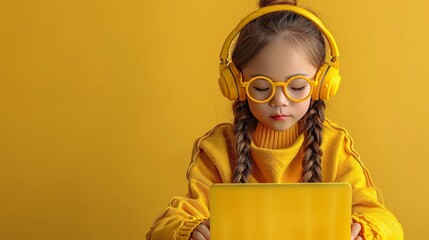 Little girl in yellow sweater and headphones using laptop. Online education, e-learning, technology for kids concept - Powered by Adobe