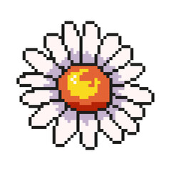 The daisy flower icon in pixel art. The style of a digital vintage game from the 80s and 90s. For templates, design, and mobile games. Vector