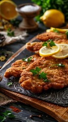 Schnitzel, breaded and fried cutlet, served with lemon slices, Austrian mountain inn