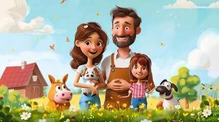 Farm Life: Illustrate a family visiting a farm, interacting with animals and learning about sustainable farming practices, highlighting education and rural life.