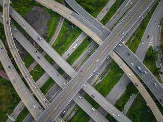 Aerial transport asphalt city junction road green tree forest park