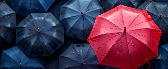 Obraz premium top veiw one red umbrella standing out among full back umbrellas