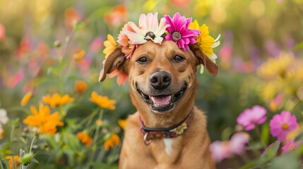 A dog wearing a flower crown, posing playfully for a portrait against a backdrop of blooming summer flowers.