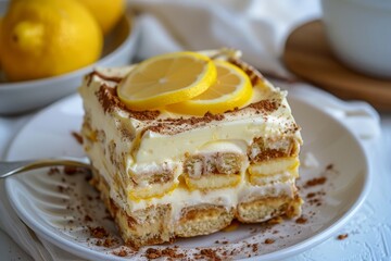 layerd lemon tiramisu no-bake summer dessert topping with lemon slice