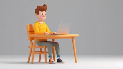 3D illustration of a man sitting at a desk and working on his laptop.
