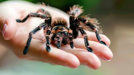 A large tarantula sits on a person's hand. The tarantula is brown and hairy, with long legs. The person's hand is holding the tarantula gently.