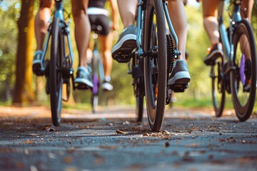High-detail photo of a fitness group cycling in a park, shot from behind, highlighting their toned legs and the synchronized movement