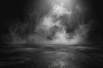 Abstract image of dark room concrete floor. Black room or stage background for product placement.Panoramic view of the abstract fog, mist or smog moves on black background  - generative ai