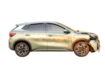 Side view of electric car get damaged by accident on the road. damaged cars after collision. isolated on transparent background, car crash bumper on the road, broken car, PNG File