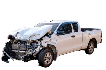 Car crash, Front and Side view of white pickup car get hard damaged by accident on the road. damaged cars after collision. isolated on transparent background. PNG File