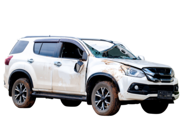 Full body front and side view of white car get damaged by accident on the road. damaged cars after collision. Isolated on transparent background, car crash broken, PNG File