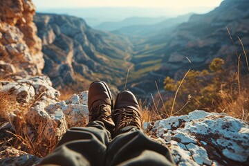 A person sits on a rock, looking out over a canyon
