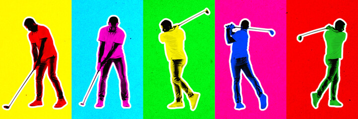 Multiple movements. Man playing golf against multicolored background. Contemporary art collage. Contemporary art collage. Concept of sport, hobby, leisure activity. Colorful creative design. Pop art