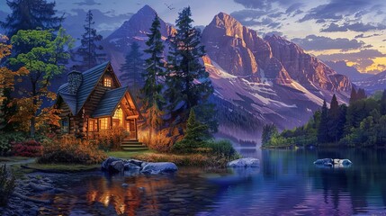 Fototapeta premium cozy mountain house by a lake at twilight scenic landscape digital painting