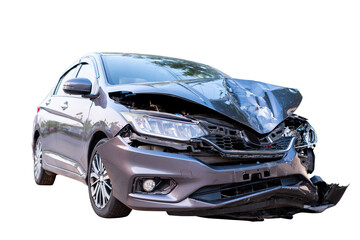 Car crash, Front and side view of modern black car get damaged by accident on the road. damaged...