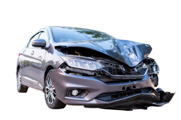Car crash, Front and side view of modern black car get damaged by accident on the road. damaged cars after collision. isolated on white background with clipping path include