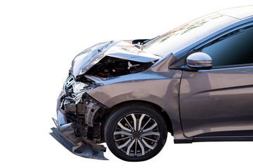 Naklejka premium Car crash, Front and side view of modern black car get damaged by accident on the road. damaged cars after collision. isolated on transparent background. PNG File