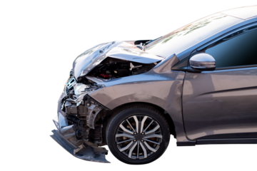 Car crash, Front and side view of modern black car get damaged by accident on the road. damaged cars after collision. isolated on transparent background. PNG File