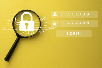 Cybersecurity Visualization: Focused Magnifying Glass on Padlock and Login Interface Ensuring Safe...