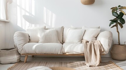 cozy scandinavian living room interior with white sofa and pillows hygge home decor