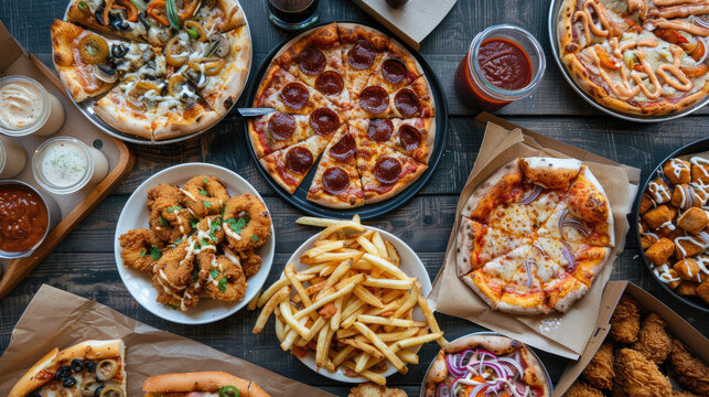 large table of assorted take out food such as pizza, french fries, onion rings, fried chicken and chicken wings