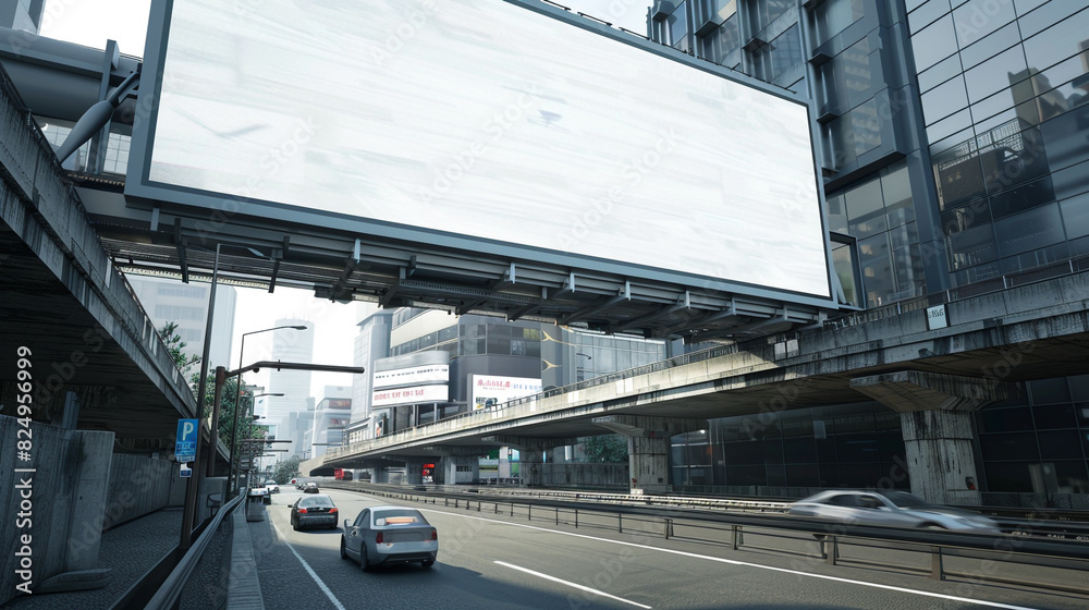 Wall mural minimalist-style blank billboard on a busy urban overpass, 3d rendered, ideal for impactful advertis