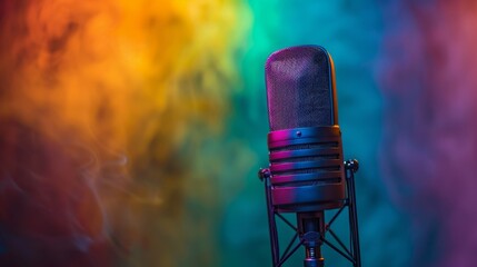 Photograph of studio microphone on rainbow background, pride flag colors, Vibrant Pride Radio Station Promotion with Rainbow Flag Background