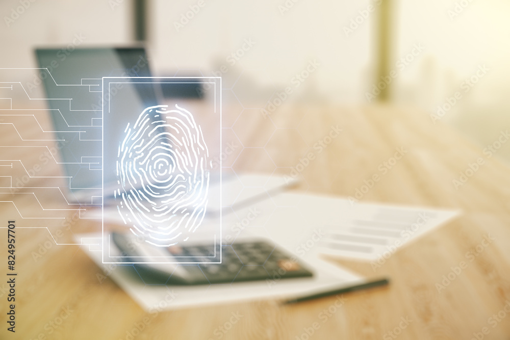 Poster abstract virtual fingerprint illustration on blurry calculator and computer background, personal bio